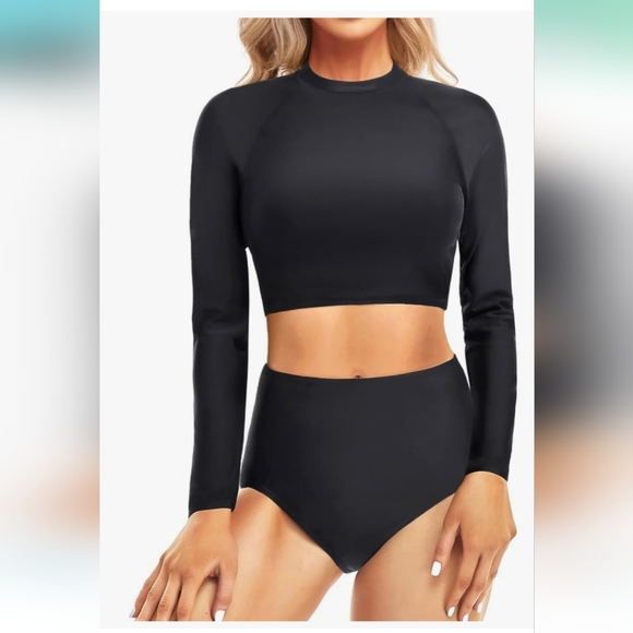 Pinup Fashion Black Long Sleeve Bathing Suit Top (M) and High Waist Bottoms (S) - Picture 1 of 7